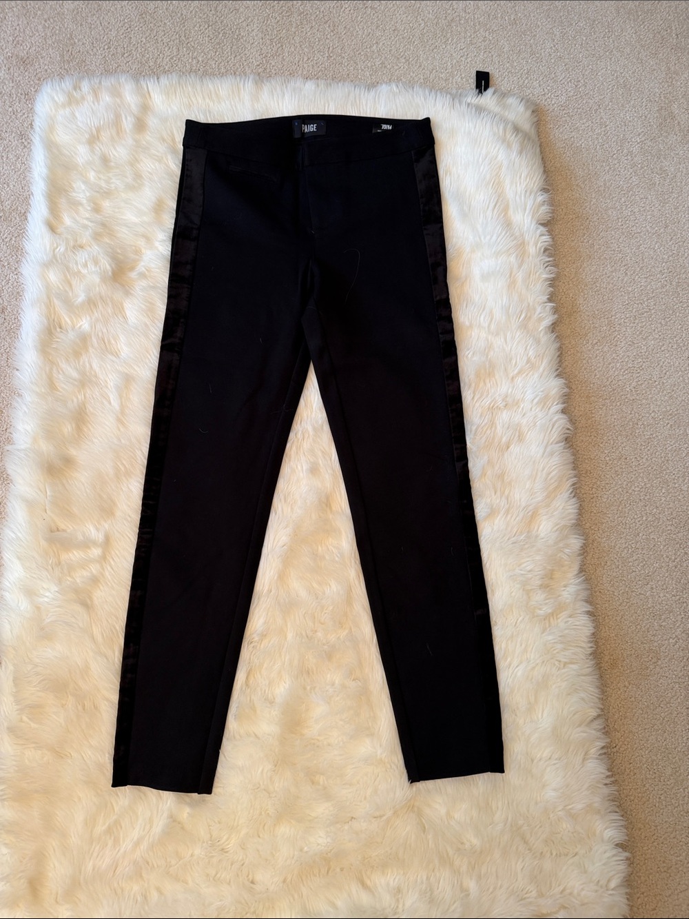 PAIGE Black Straight Leg Pants with Satin Side Stripe